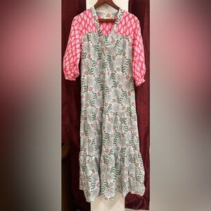 Zara Floral V-Neck Maxi Dress in Pink and Green 100% Cotton